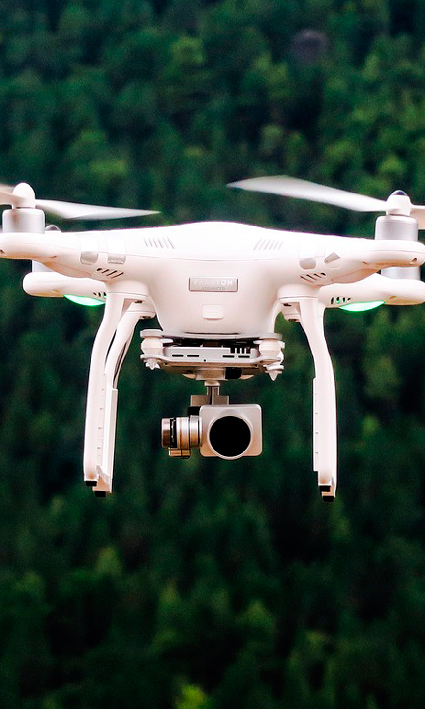 Eine Drohne im Flug über einen Wald.