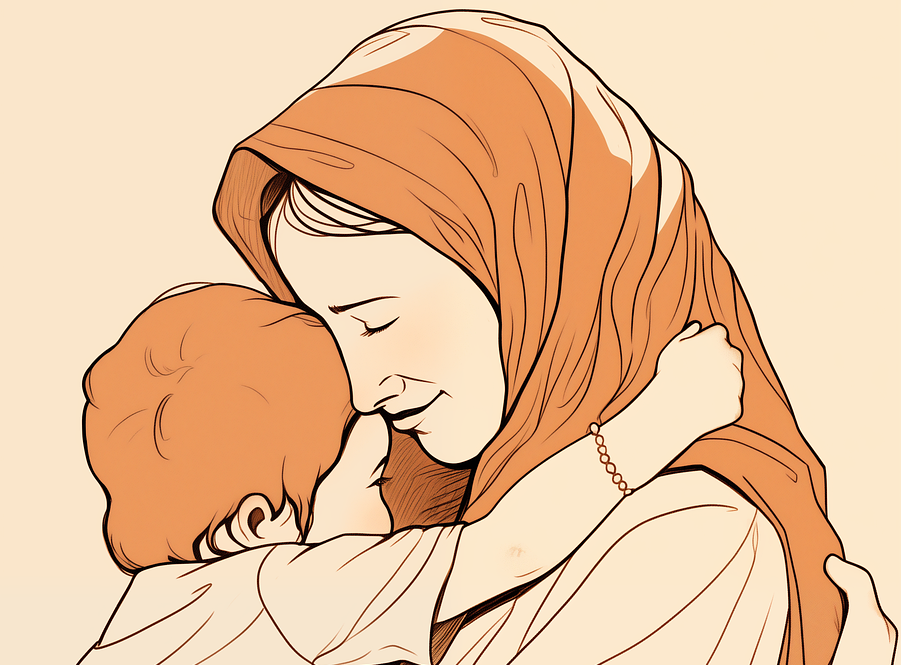 Illustration von einer Mutter, die ihr Baby in den Armen hält.