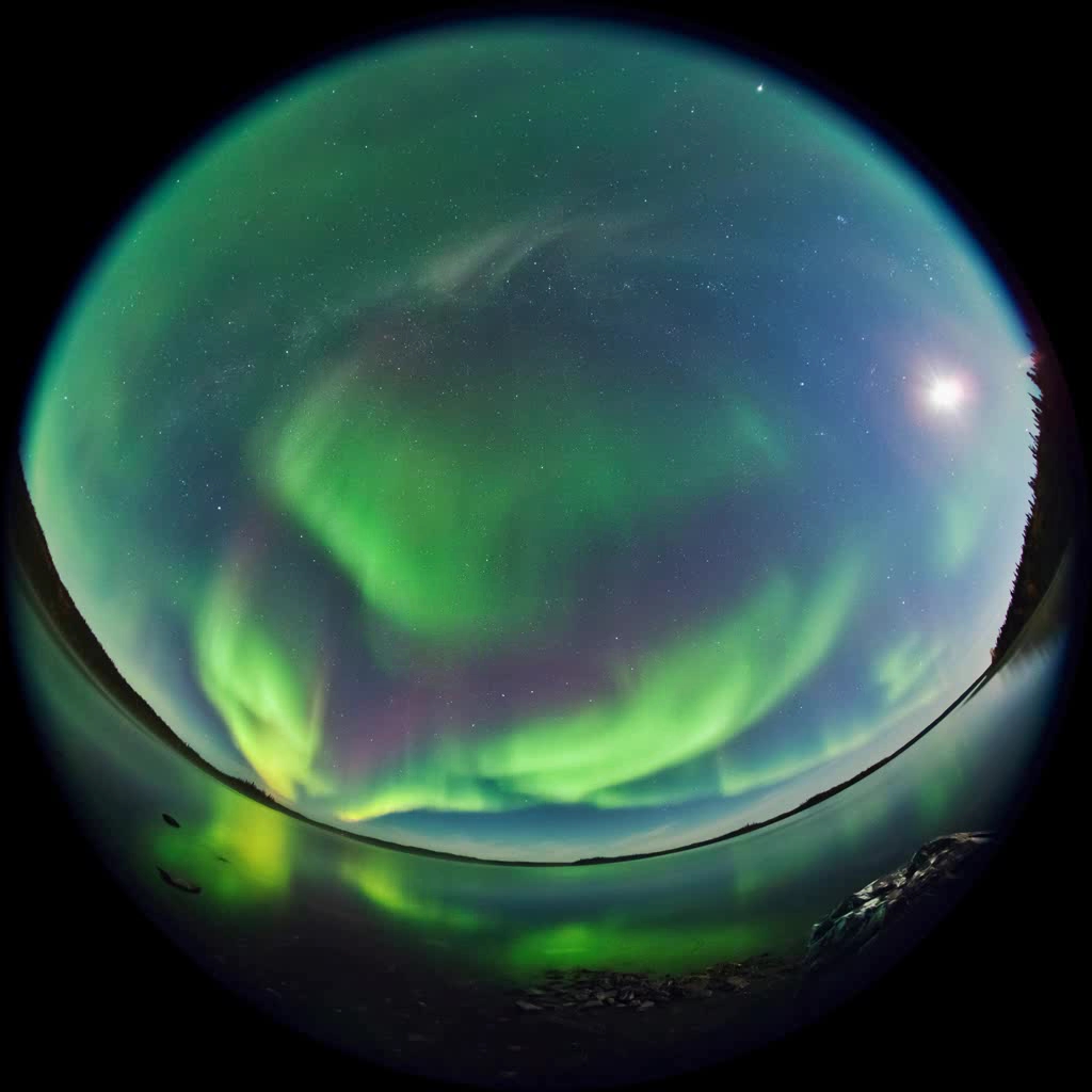 Rund um den Projektor des Planetariums erstrahlen bunte Lichte