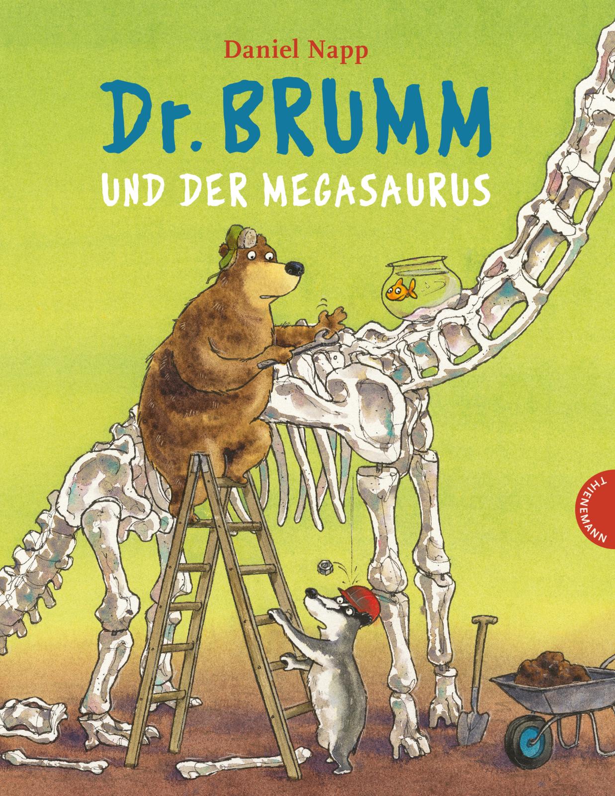 Bilderbuchcover, ein Bär untersucht ein Dino-Skelett