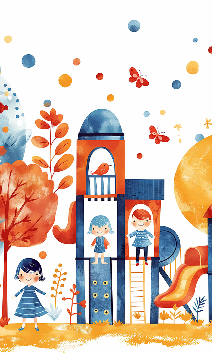 Zeichnung von einem Kinderspielplatz mit Kindern.