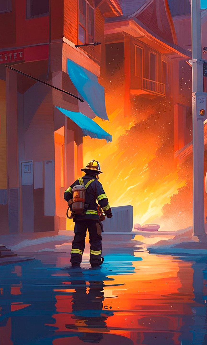 Zeichnung eines Feuerwehrmanns vor einem brennenden Gebäude