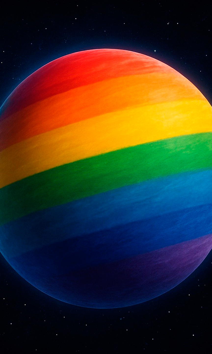 Weltkugel im All. Die Erdkugel ist in den Pride-Farben gestaltet.