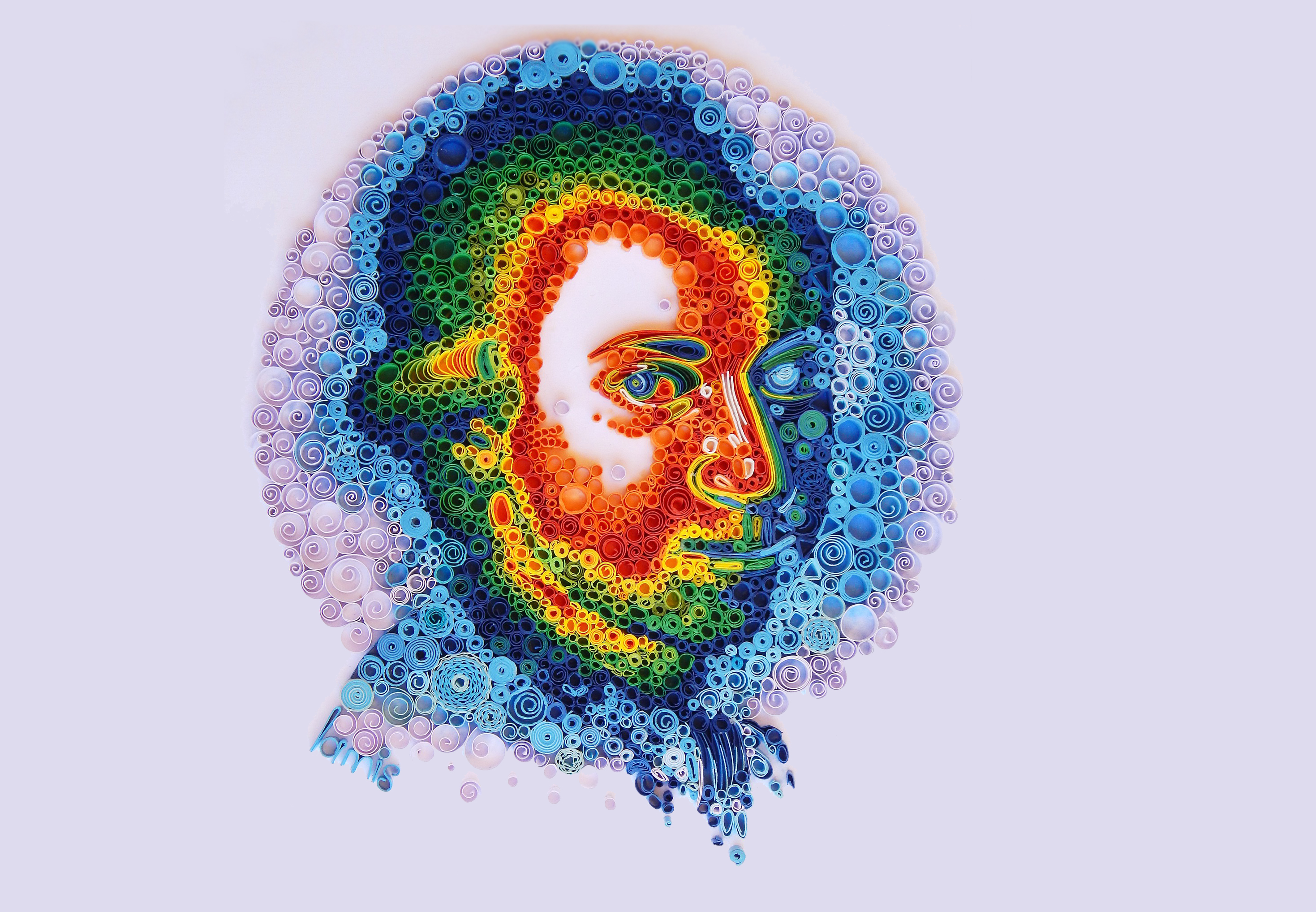 Buntes Porträt Mozarts aus gerollten und geklebten Papierstreifen