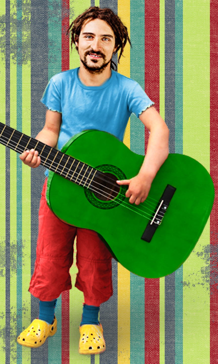 Man mit Rastalocken hält eine grüne Gitarre in den Händen.