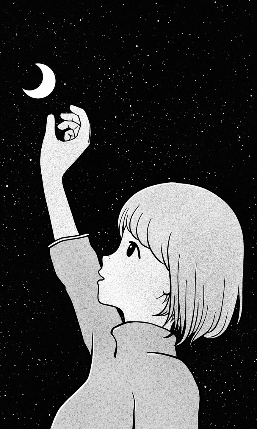 Ein Mädchen streckt die Hand nach dem Mond aus, der am Himmel steht.
