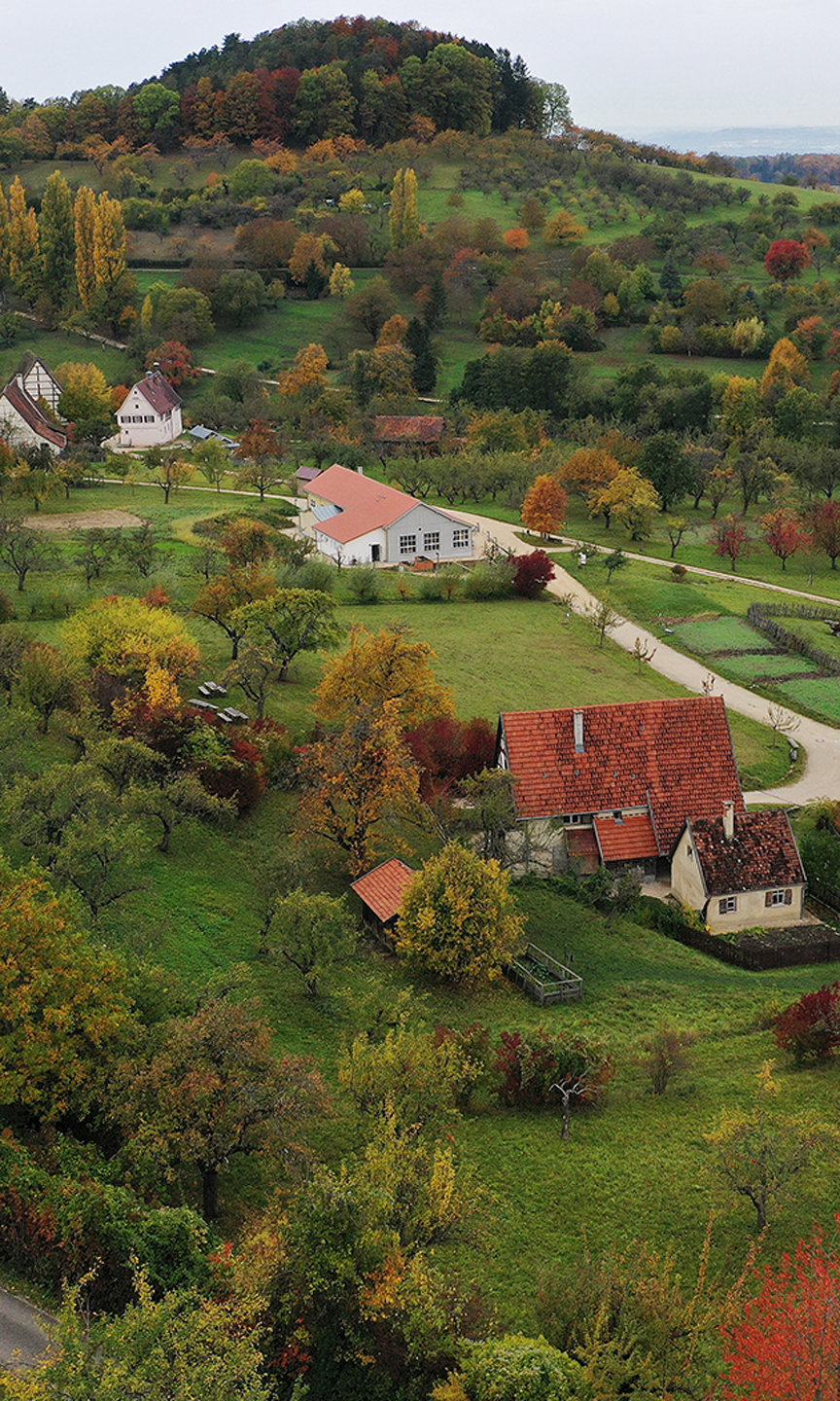 Das Gelände des Freilichtmuseums aus der Vogelperspektive.