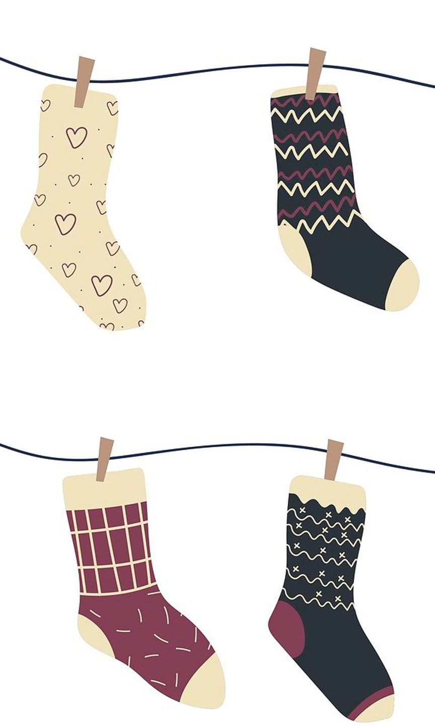 Illustration von Socken, die an einer Wäscheleine hängen.