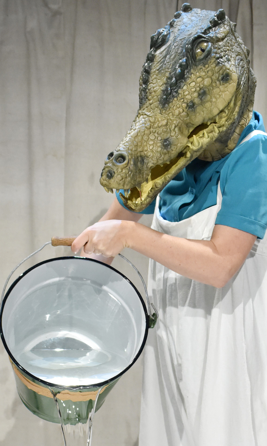 Ein Mensch mit einer Krokodilsmaske leert einen Eimer Wasser aus.