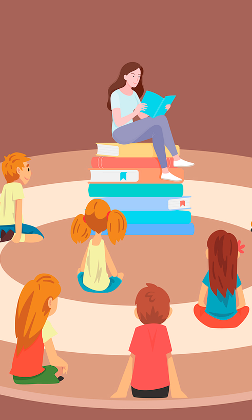 Zeichnung einer Frau, die auf einem Stapel von Büchern sitzt und Kindern die um sie herum sitzen.