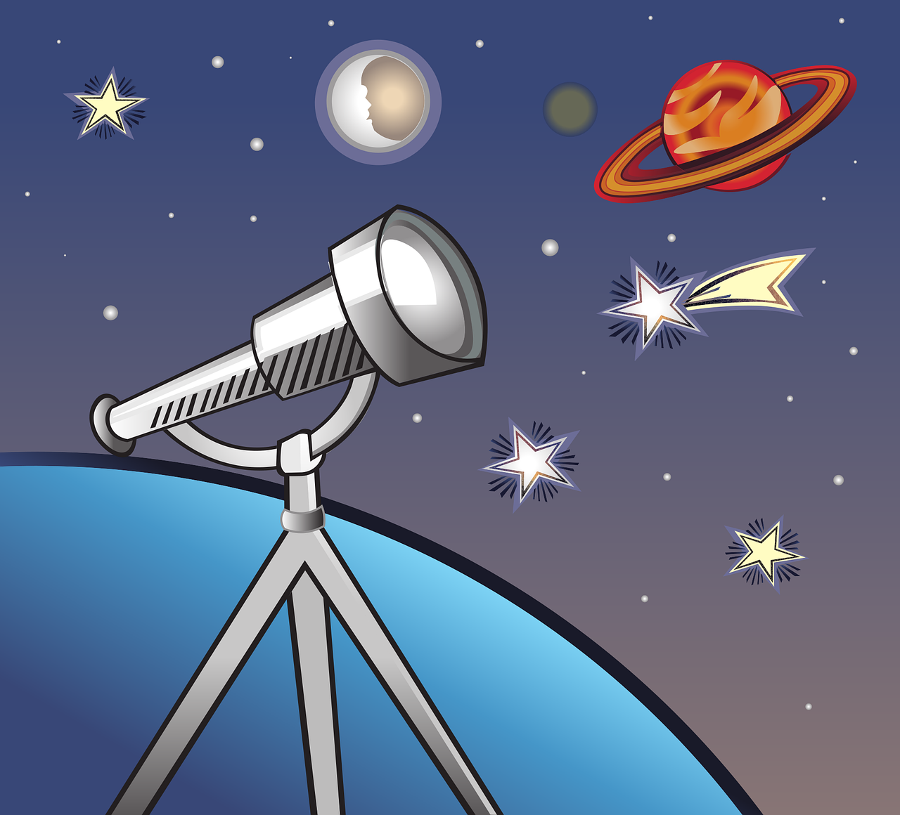 Comic eines Teleskops mit Sternen, Mond und Planeten