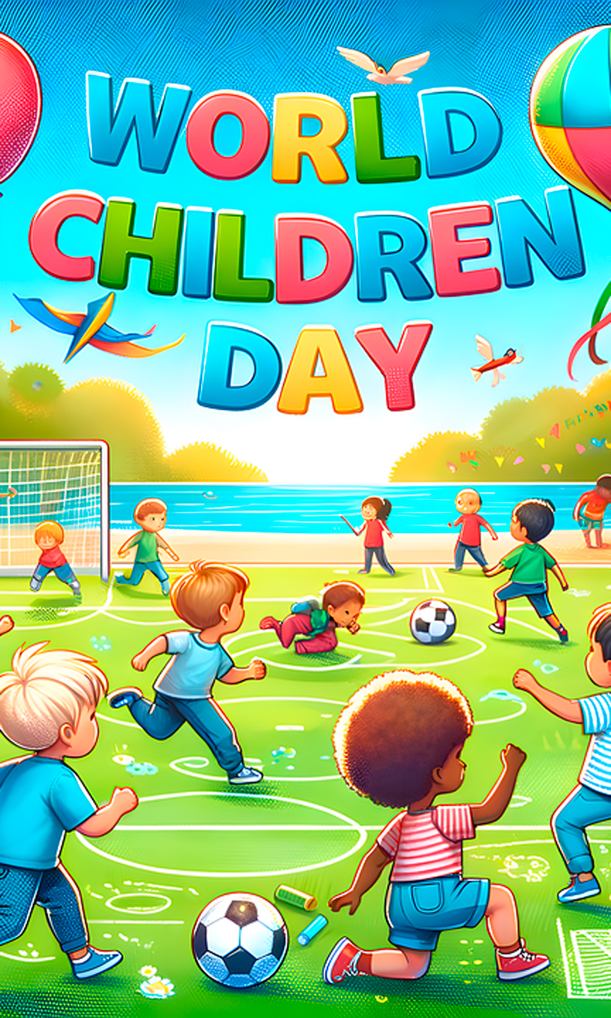 Illustration von vielen spielenden Kinder auf einer Wiese.