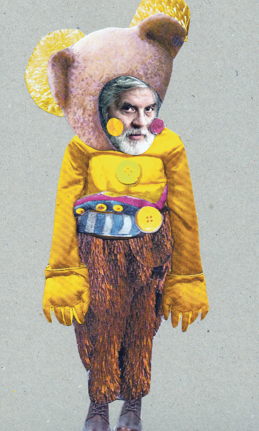 Zeichnung eines Teddybären mit einem menschlichen Gesicht.