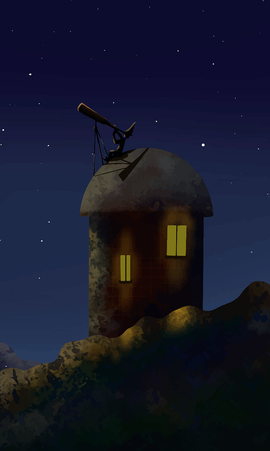 Illustration eines Turm bei Nacht. Auf dem Dach sitzt eine Figur mit einen Teleskop.