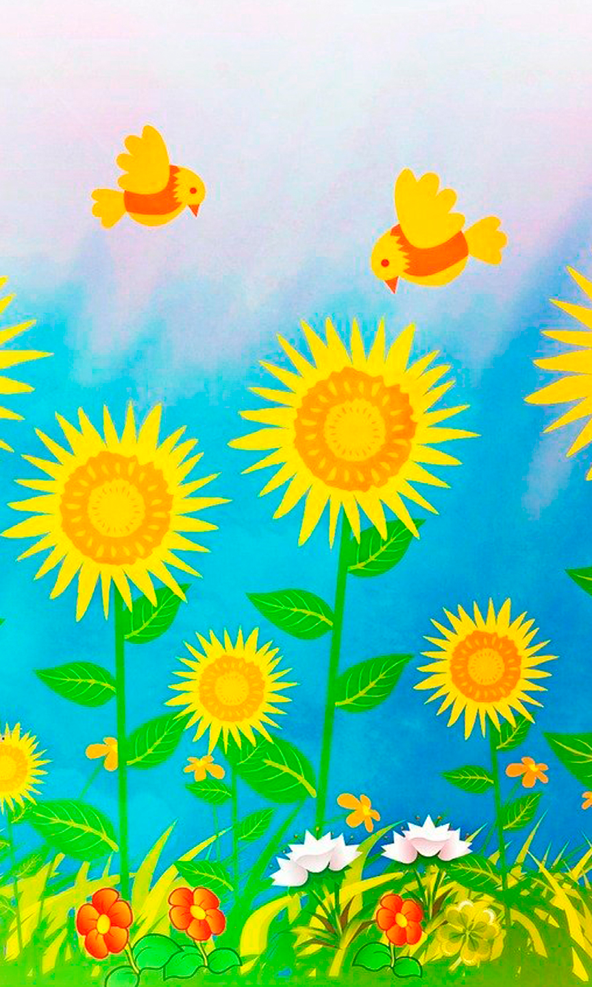 Illustration einer bunten Blumenwiese mit zwei kleinen Vögeln.