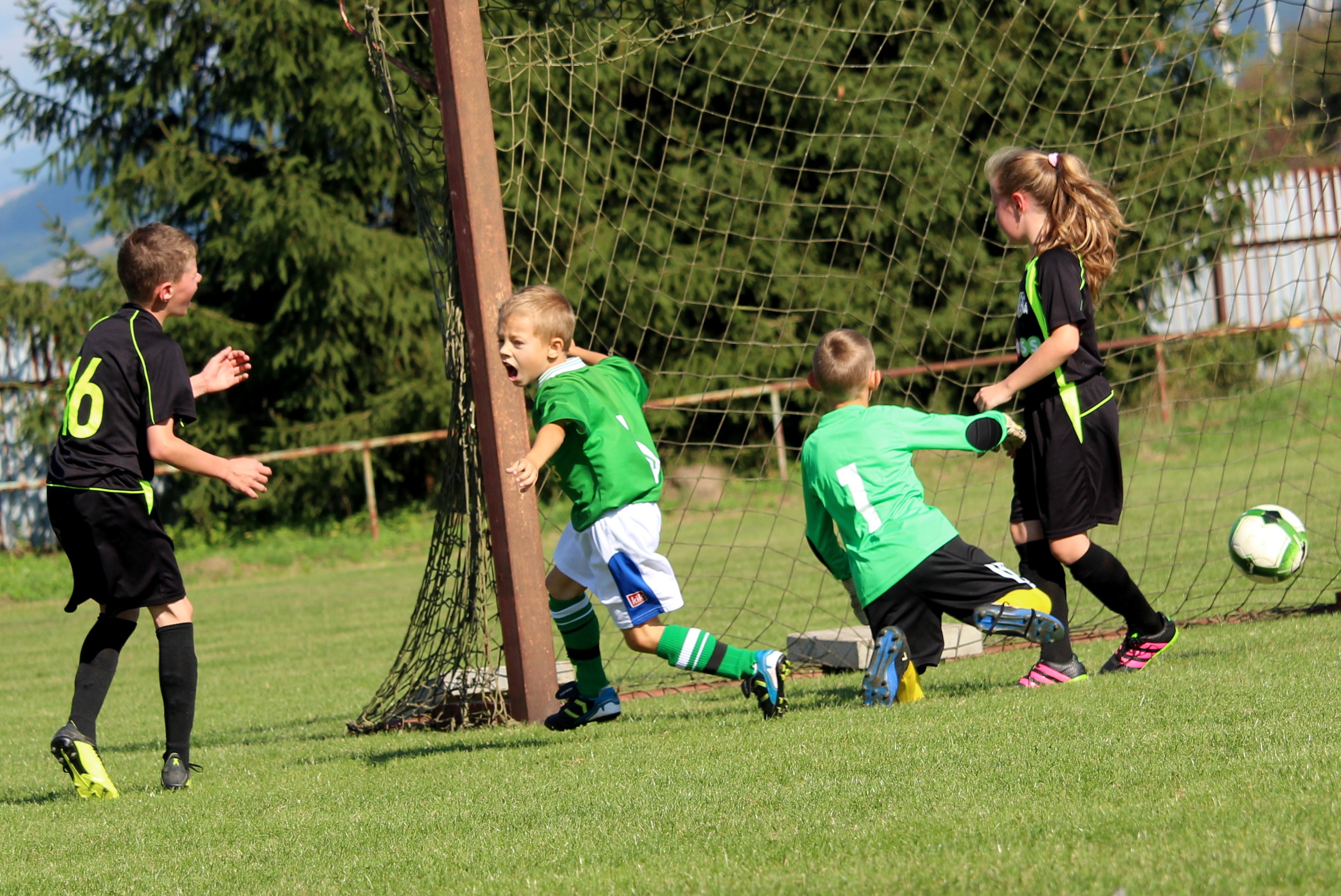Drei Jungen und ein Mädchen spielen Fußball. Der Ball ist im Tor. Zwei Jungen Jubeln