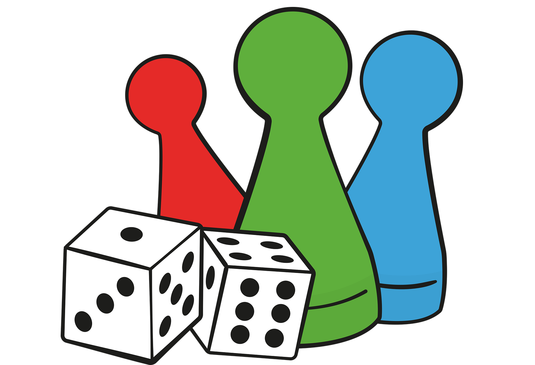 Illustration von zwei Spielwürfeln und drei Spielfiguren