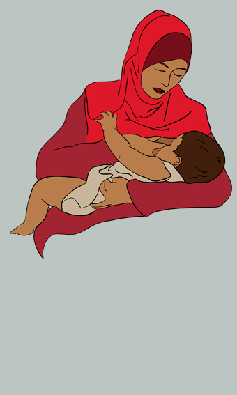 Frau mit rotem Kopftuch stillt ihr Kind.