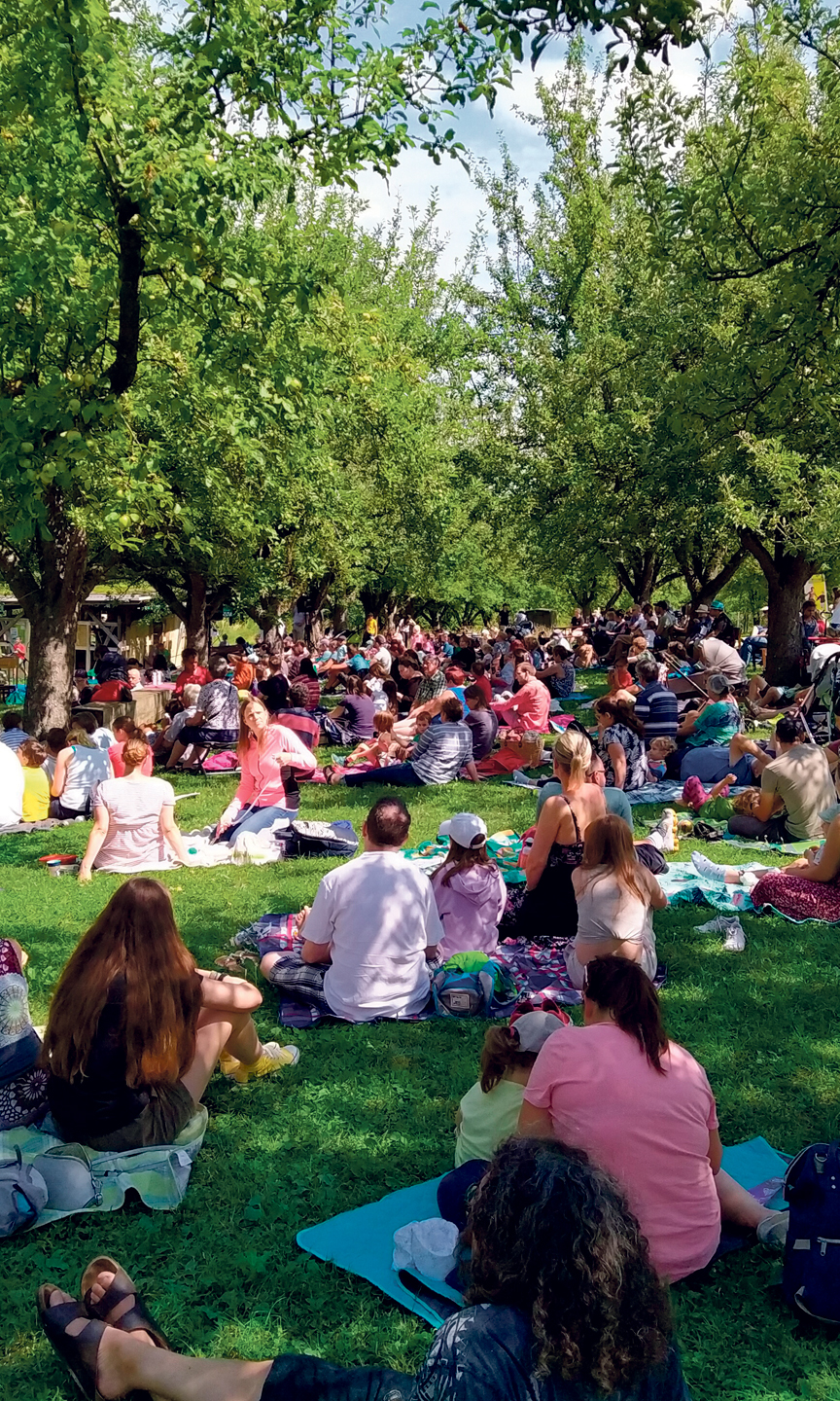 Menschen sitzen auf Picknickdecken auf einer Streuobstwiese.