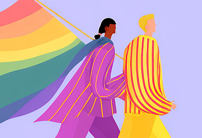 Zeichnung von zwei Menschen, die laufen und eine Regenbogenflagge tragen.