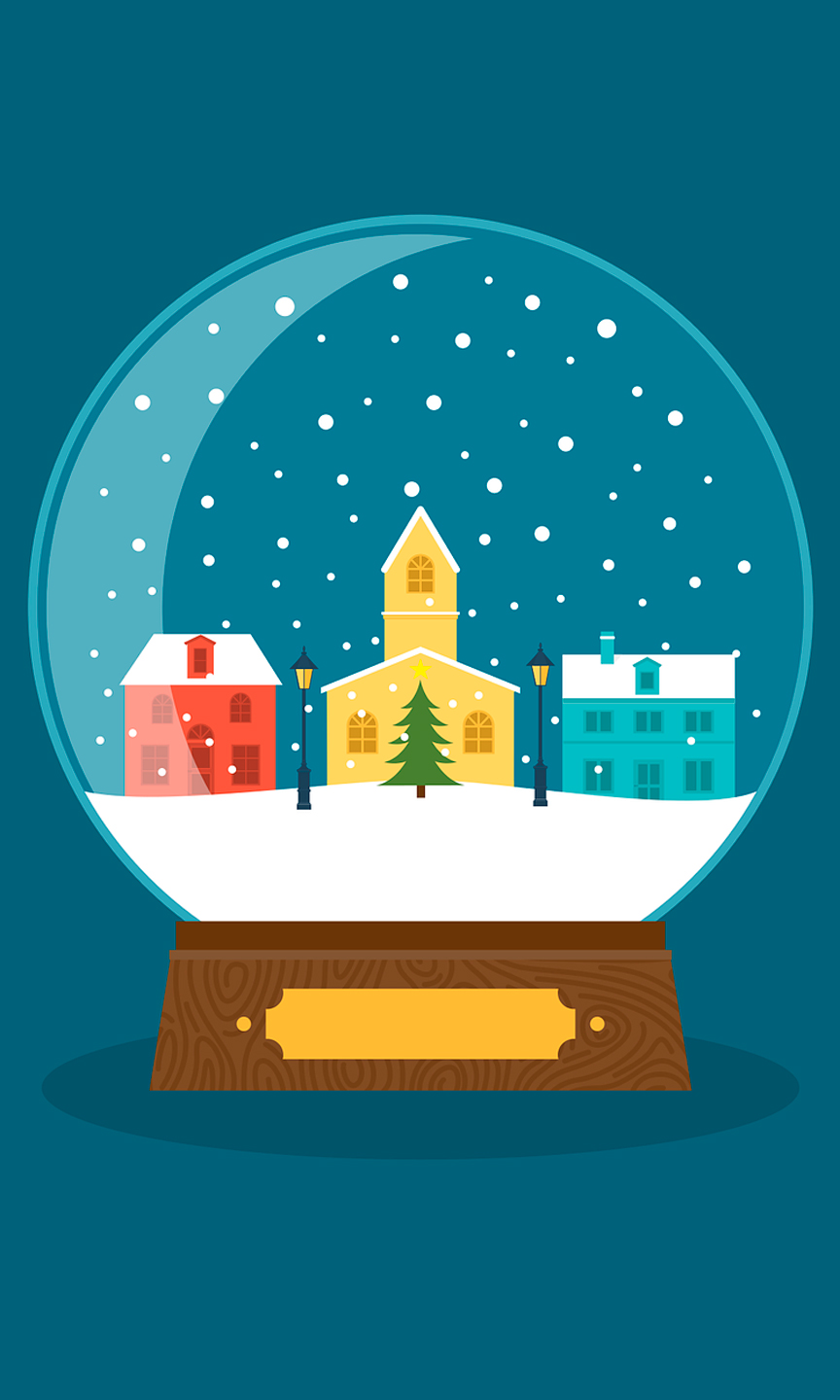 Eine verschneite Stadt in einer Schneekugel