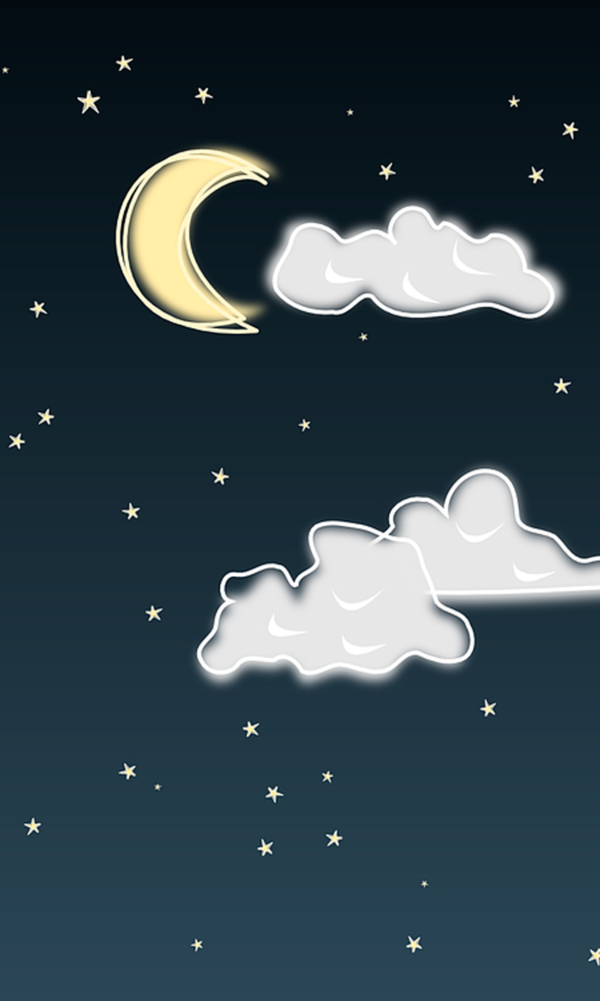 Zeichnung eines Nachhimmels mit Wolken, Mond und Sternen.