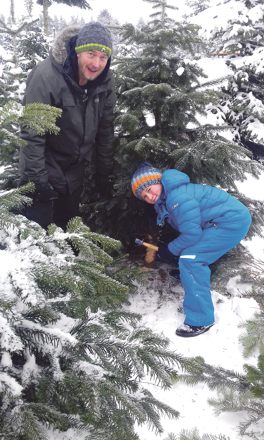 Vater und Sohn fällen gemeinsam einen Weihnachtsbaum. Es liegt Schnee.