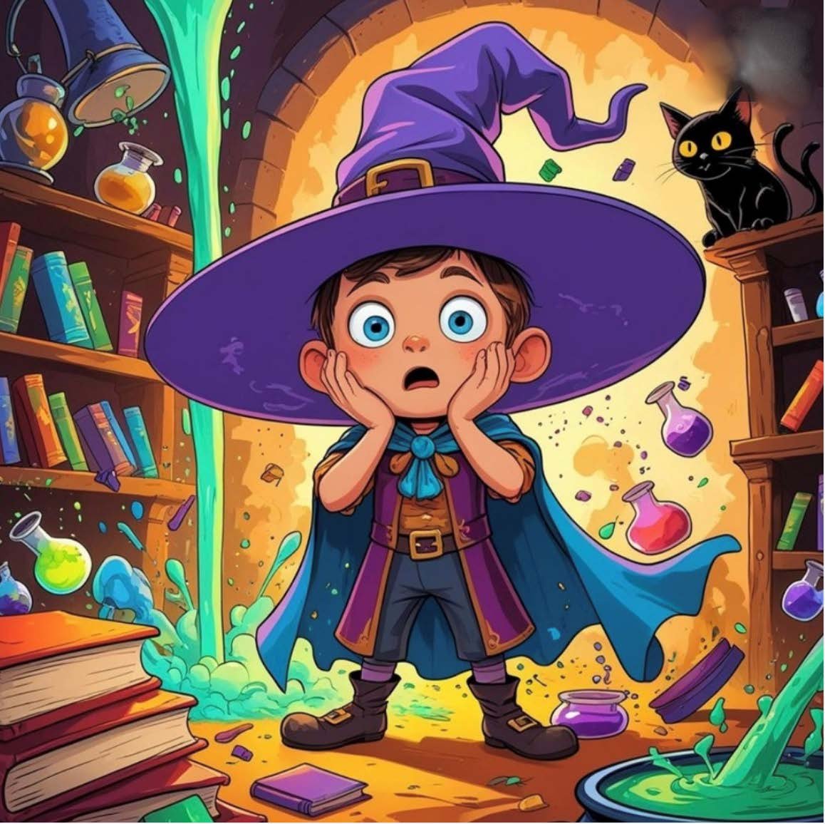 Illustration Zauberlehrling. Er schaut verzweifelt.