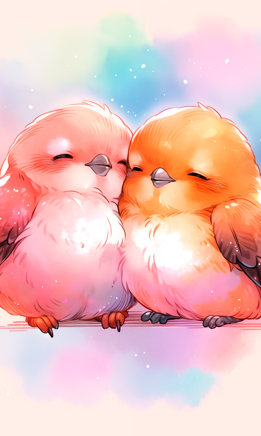 Zeichnung von zwei Vögeln, die sich aneinander schmiegen.