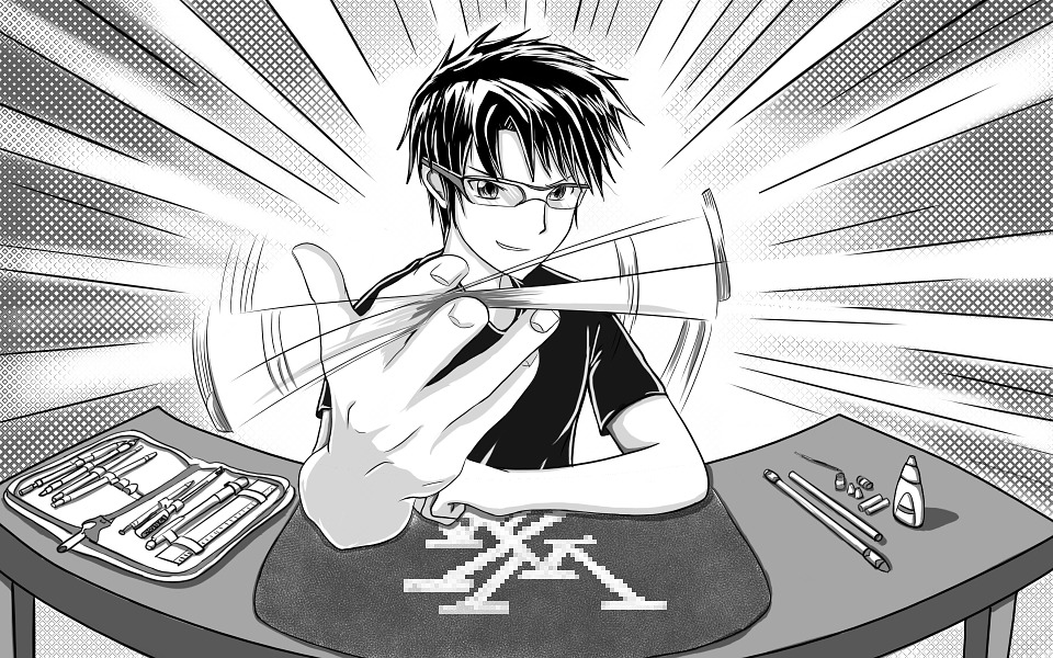 Ein Junge im Mangastil dreht einen Stift in der Hand.