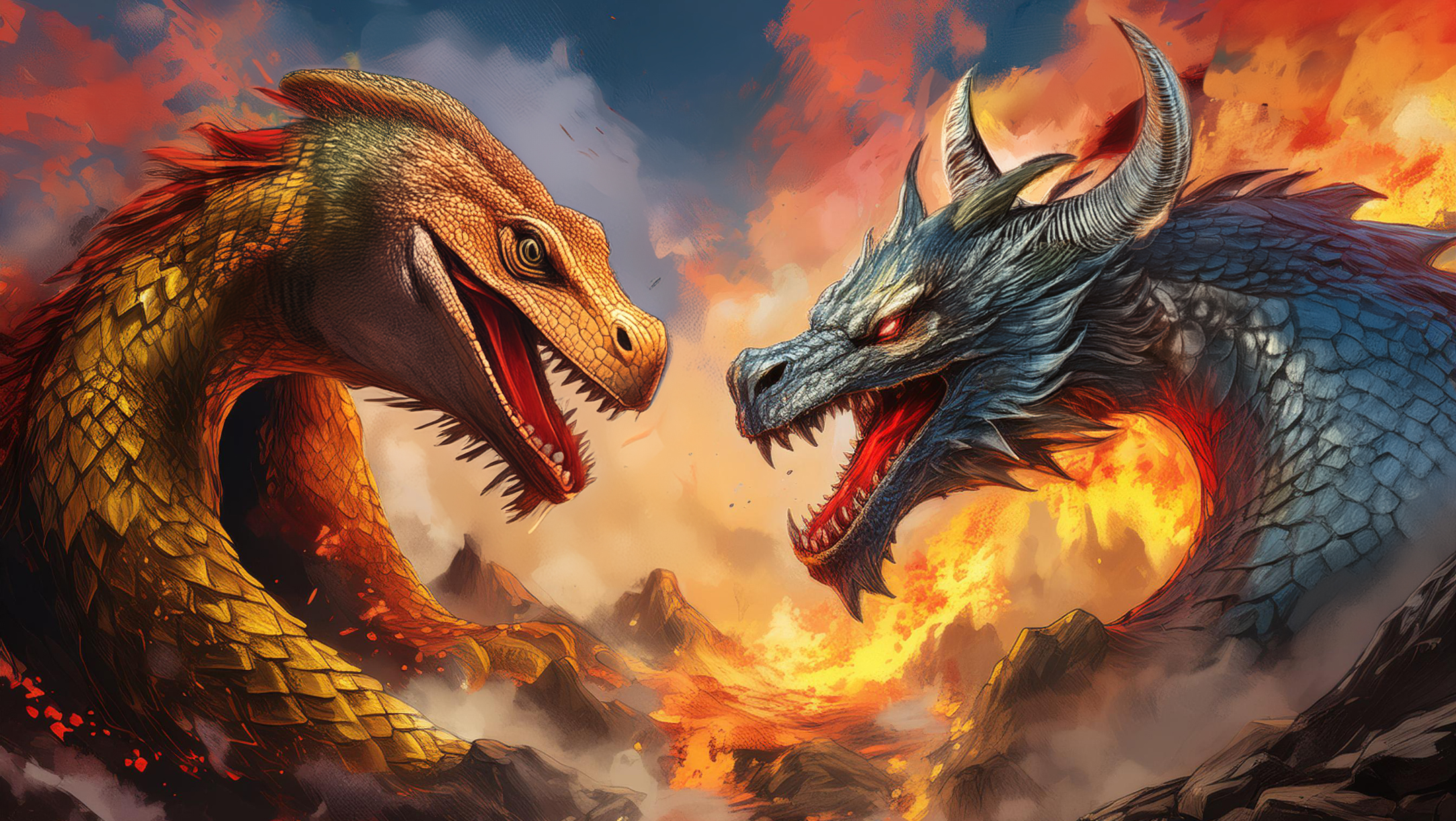 Illustration zweier Drachen, díe sich anstarren, im Hintergrund Berge und Flammen.