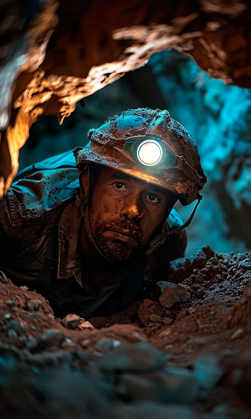 Mann liegt auf dem Boden, trägt einen Helm mit einer Lampe und schaut in ein Loch.