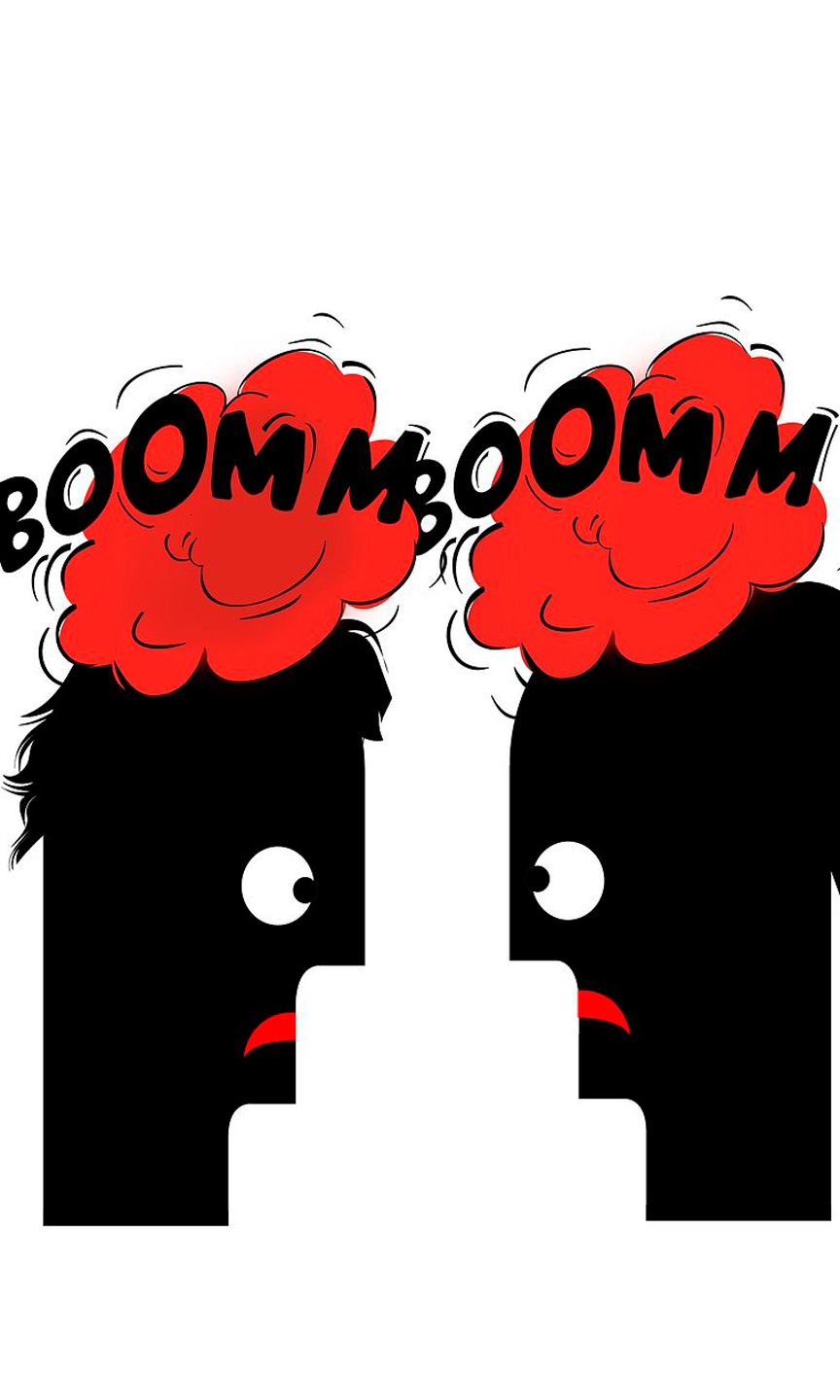 Überspitzte Illustration von zwei Personen, die sich fragend und zweifelt ansehen.