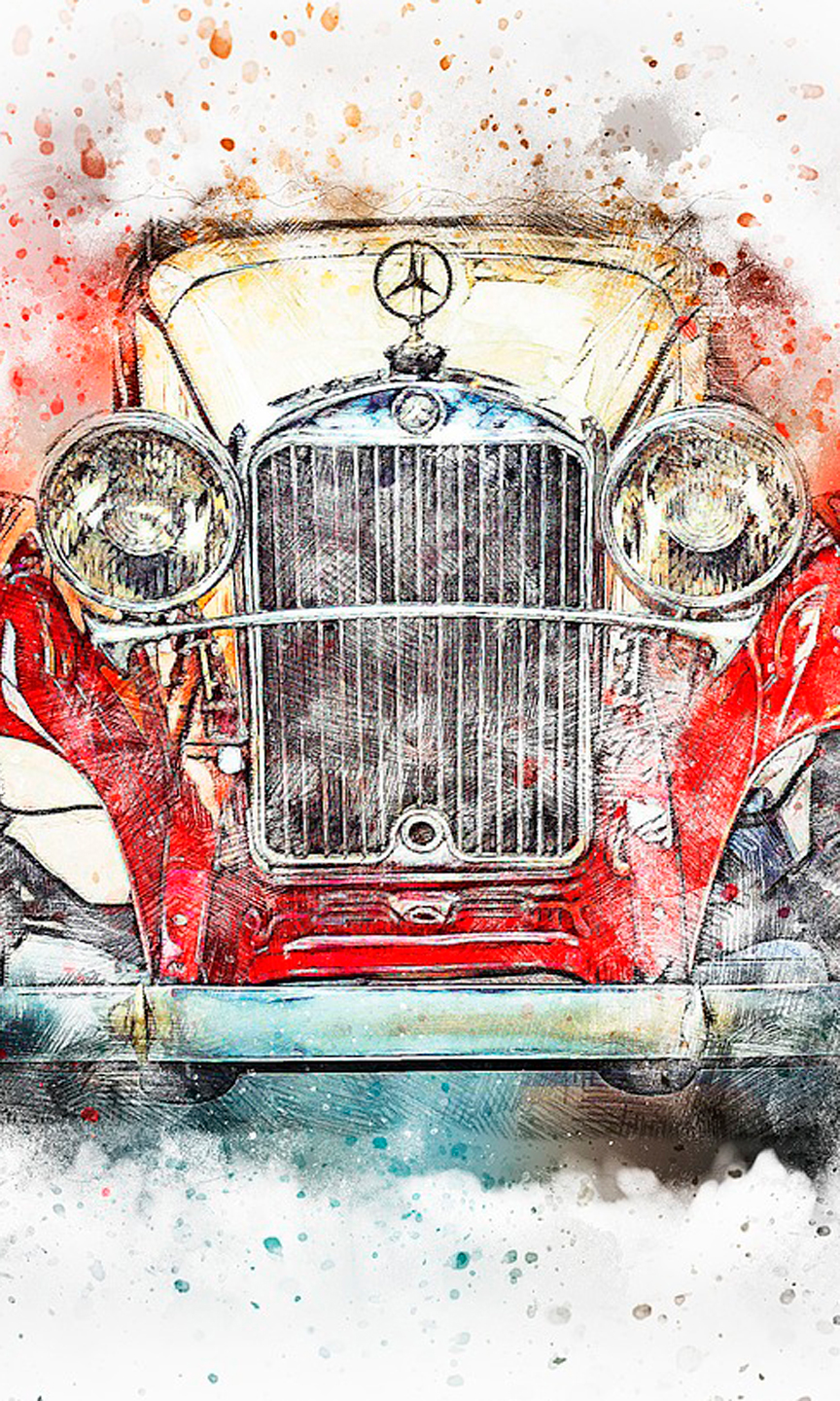 Aquarellzeichnung eines roten Oldtimer-Autos.