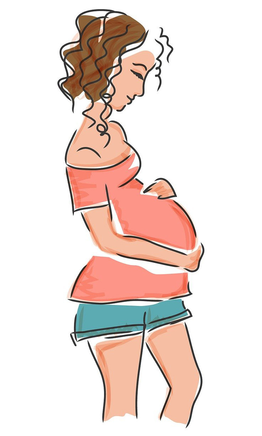 Zeichnung einer Schwangeren, die sich den Bauch hält.