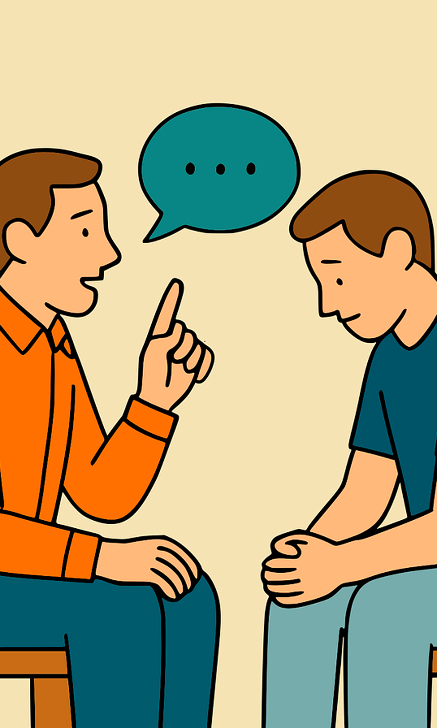 Illustration von zwei Männer, die sich auf Stühlen gegenüber sitzen. Sie reden miteinander.