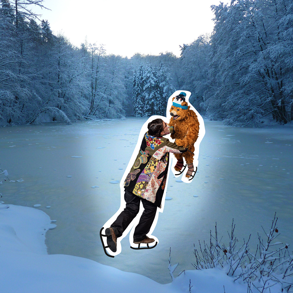 Brummelbutz tanzt auf Schlittschuhen mit einer Frau auf einem See.