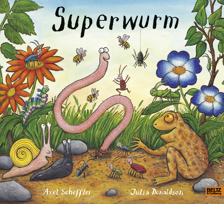 Cover des Buchs Superwurm, in der Mitte ein Regenwurm umgeben von Insekten und einer Kröte.