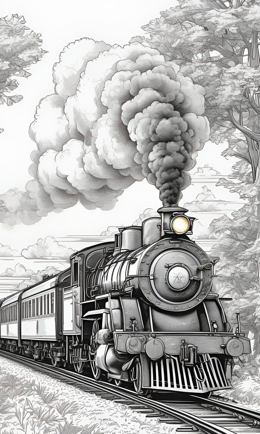 Schwarz-Weiß-Zeichnung einer alten Dampflock.